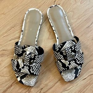 Ann Taylor Yara snakeprint leather strappy sandals, black multi